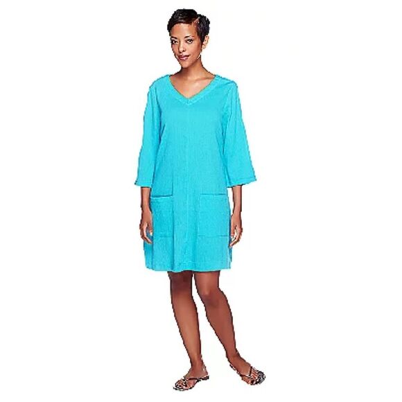 Denim & Co Womens 3X Beach Gauze Cold Shoulder Cover Up Tunic Aqua Pockets NWT - Picture 1 of 5